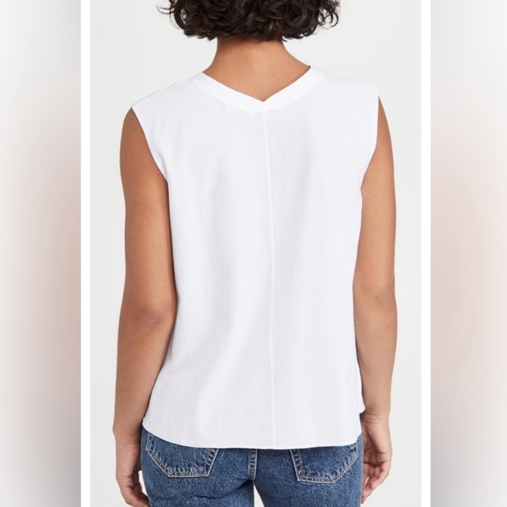 Vince Rib Knit Trim Sleeveless V Neck Gauzy Cotton Top in Optic White MED - Picture 4 of 16